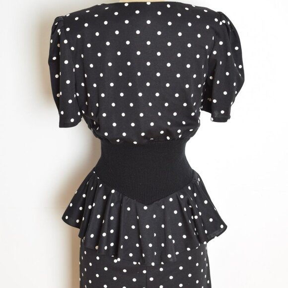 vintage 80s dress black white polka dot print peplum ruffle secretary puff M - Picture 8 of 9